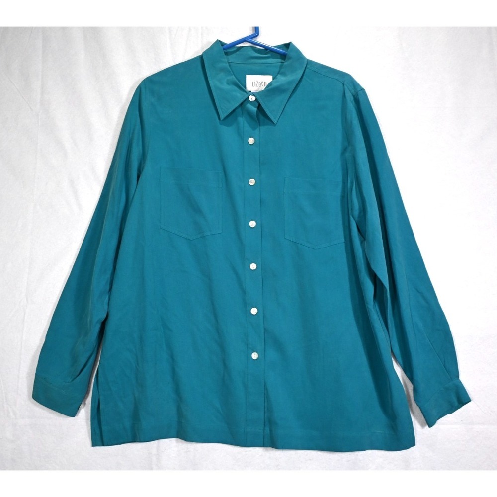Lizden 100% Silk Blouse Womens XL Teal Button Up Shirt Long Sleeve Top